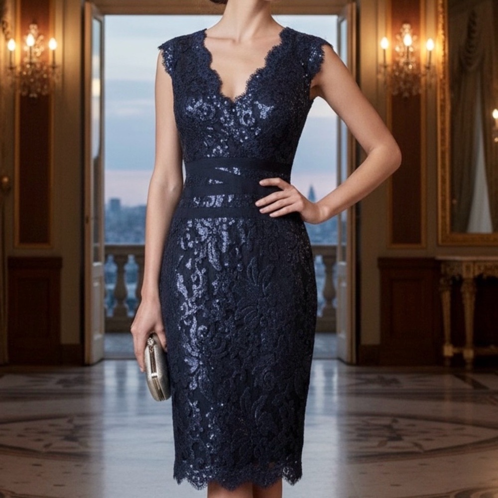 Tadashi Shoji Sequin Lace Banded Navy Black Sheath Cocktail Dress Whimsigoth - Picture 2 of 12